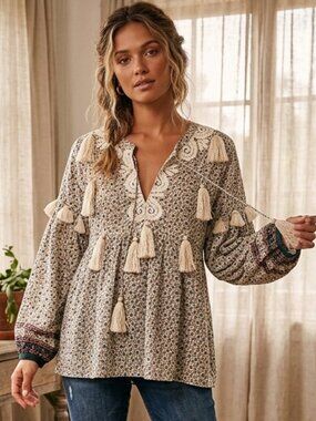 Miss June Paris Long Sleeve Blouse Peasant Tasseled Top Blouse Boho XS-Medium